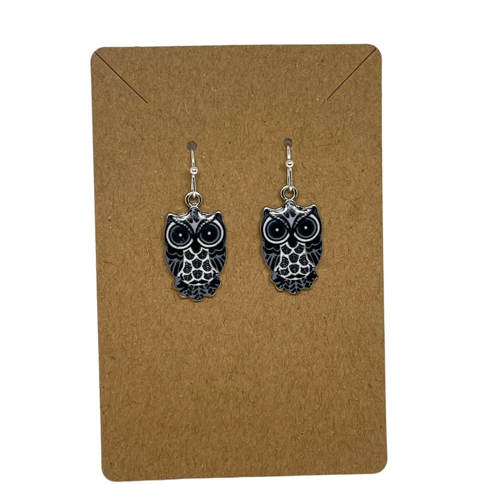 Owl Earrings Black Dangle Resin - Hypoallergenic